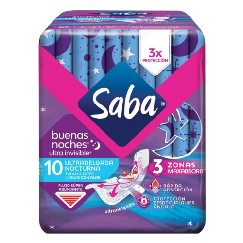 Imagen de Toallas Femeninas Saba Ultra Invisible Nocturna 10 PZS