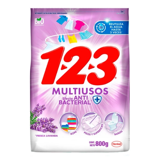 Imagen de Detergente En Polvo Multiusos 1.2.3. Lavanda 800 GRS